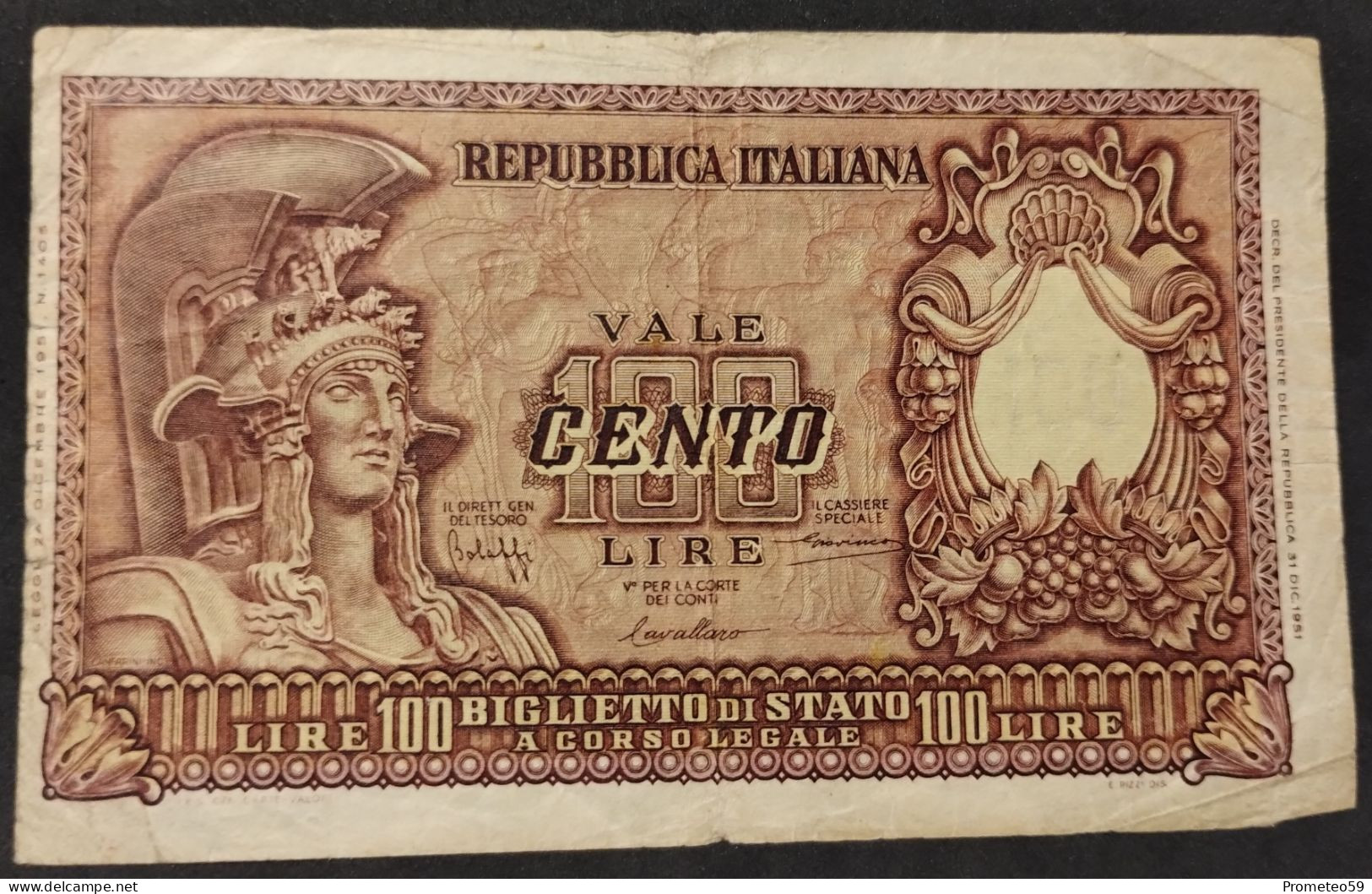 Italia – Billete Banknote De 100 Liras – 1951 – Firmas: Bolaffi – Cavallaro - Giovinco - 100 Liras