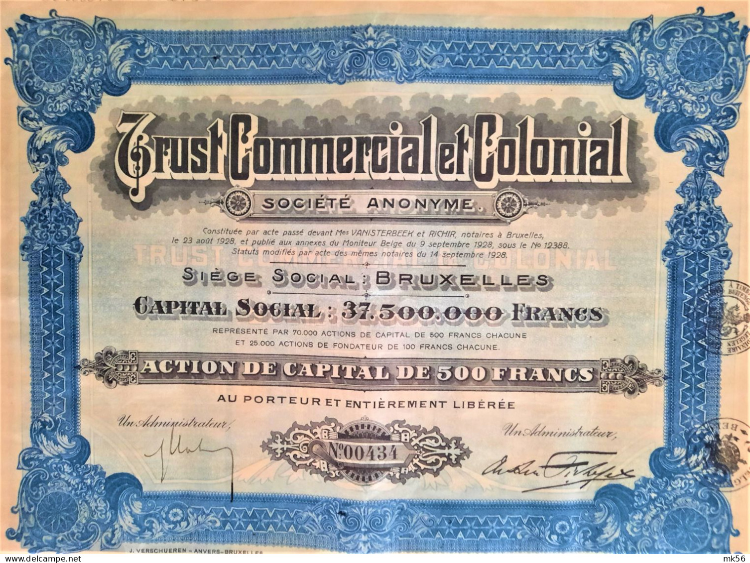 S.A. Trust Commercial Et Colonial - Action De Capital De 500 Fr (1928) - Afrique