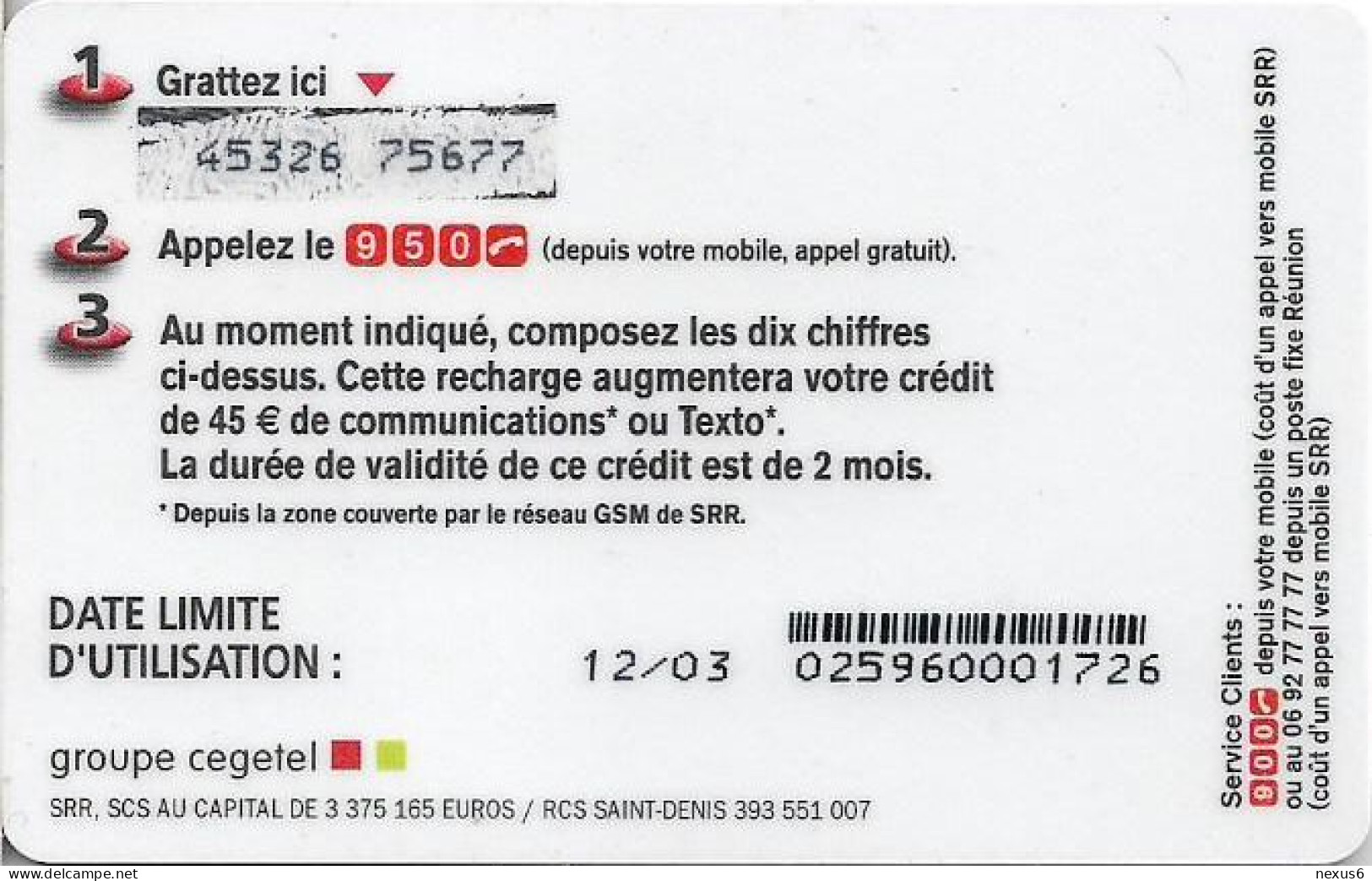 Reunion - SFR - La Carte Red (Green Band), Exp.12.2003, GSM Refill 40+5€, Used - Riunione