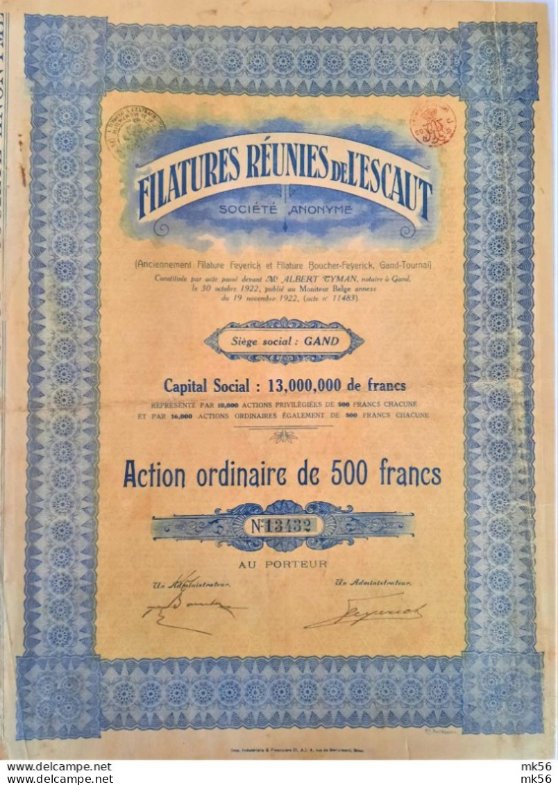 S.A. Filatures Réunis De L'Escaut -action Ordinaire De 500 Fr - 1922 - Gent - Textile