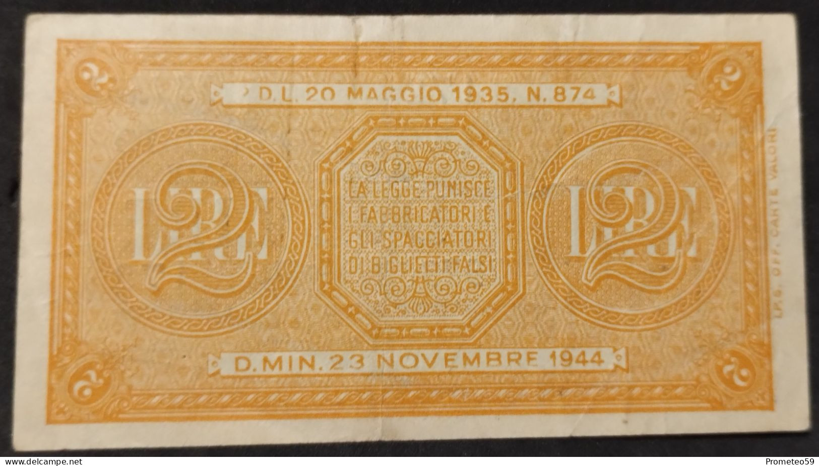 Italia – Billete Banknote De 2 Liras – 1944 - Italia – 2 Lire
