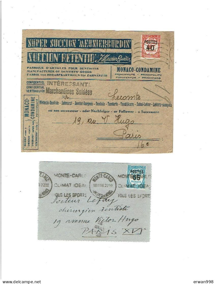 MONACO 2 Devants D'enveloppes YT 146 & 148 Seul/ Lettre (timbres Taxe Surchargés (une Enveloppe Comm Dentiste) 368 - Marcophilie