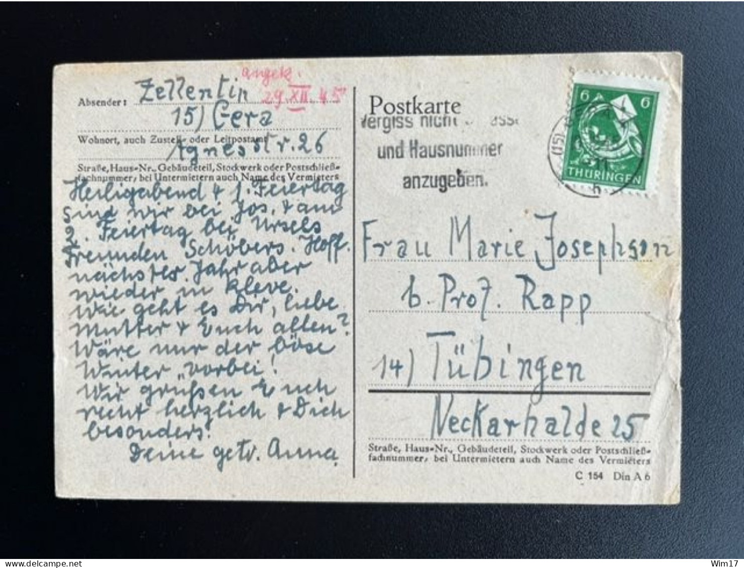 GERMANY THURINGEN 1945 POSTCARD GERA TO TUBINGEN 10-12-1945 DUITSLAND DEUTSCHLAND - Postal  Stationery