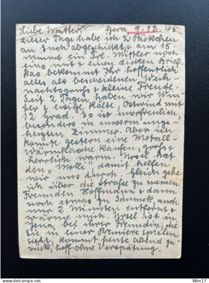 GERMANY THURINGEN 1945 POSTCARD GERA TO TUBINGEN 10-12-1945 DUITSLAND DEUTSCHLAND - Postwaardestukken