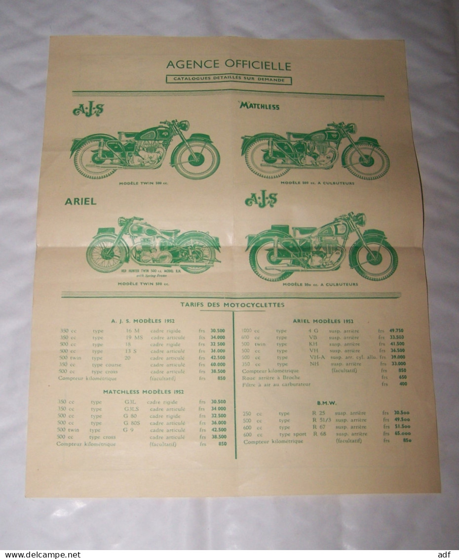 DEPLIANT PUB PUBLICITAIRE MOTO MOTOS MOTOCYCLETTES AJS A.J.S TWIN, ARIEL, MATCHLESS, PUCH 125 SL 150 TL,SAISON 1952 - Motos