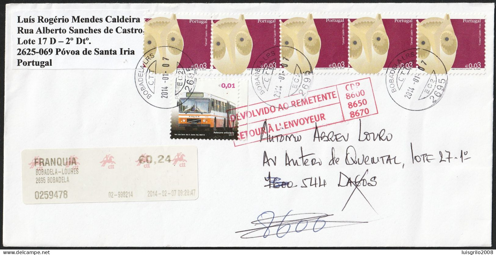 Cover - RETOUR À L'ENVOYEUR . DEVOLVIDO AO REMETENTE -!- Postmark - Bobadela Lrs. 2014 - Briefe U. Dokumente