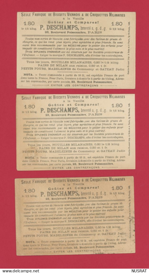 Rare Lot De 3 Chromos Lith. Courbe Rouzet CR1-4-9 P. Deschamps, Biscuits, Trocadéro, Croquettes Milanaises, Panama - Other & Unclassified