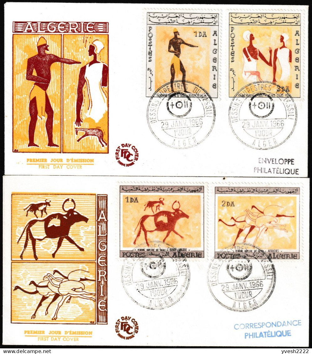 Algérie 1966 Y&T 414 à 417. 2 FDC. Préhistoire, Peintures Rupestres Du Tassili N'affer Au Sahara. Bovidés, Autruches - Préhistoire