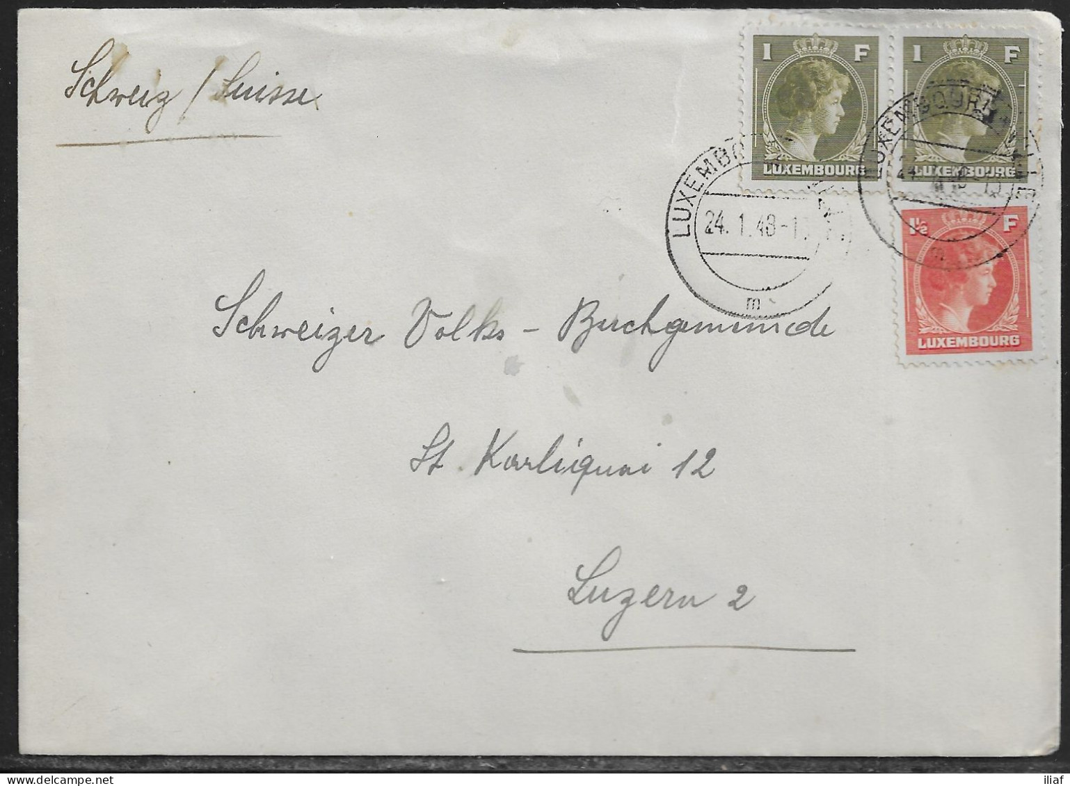 Luxembourg. Stamps Sc. 224, 225 Grand Duchess Charlotte On Letter, Sent From Luxemburg On 24.01.1948 To Switzerland. - Briefe U. Dokumente