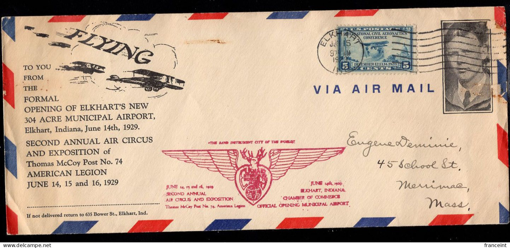 U.S.A.(1929) Biplanes. Letter With Illustrated Cachet For Opening Of Elkhart's (Indiana) New Airport And 2nd Annual Air - Omslagen Van Evenementen