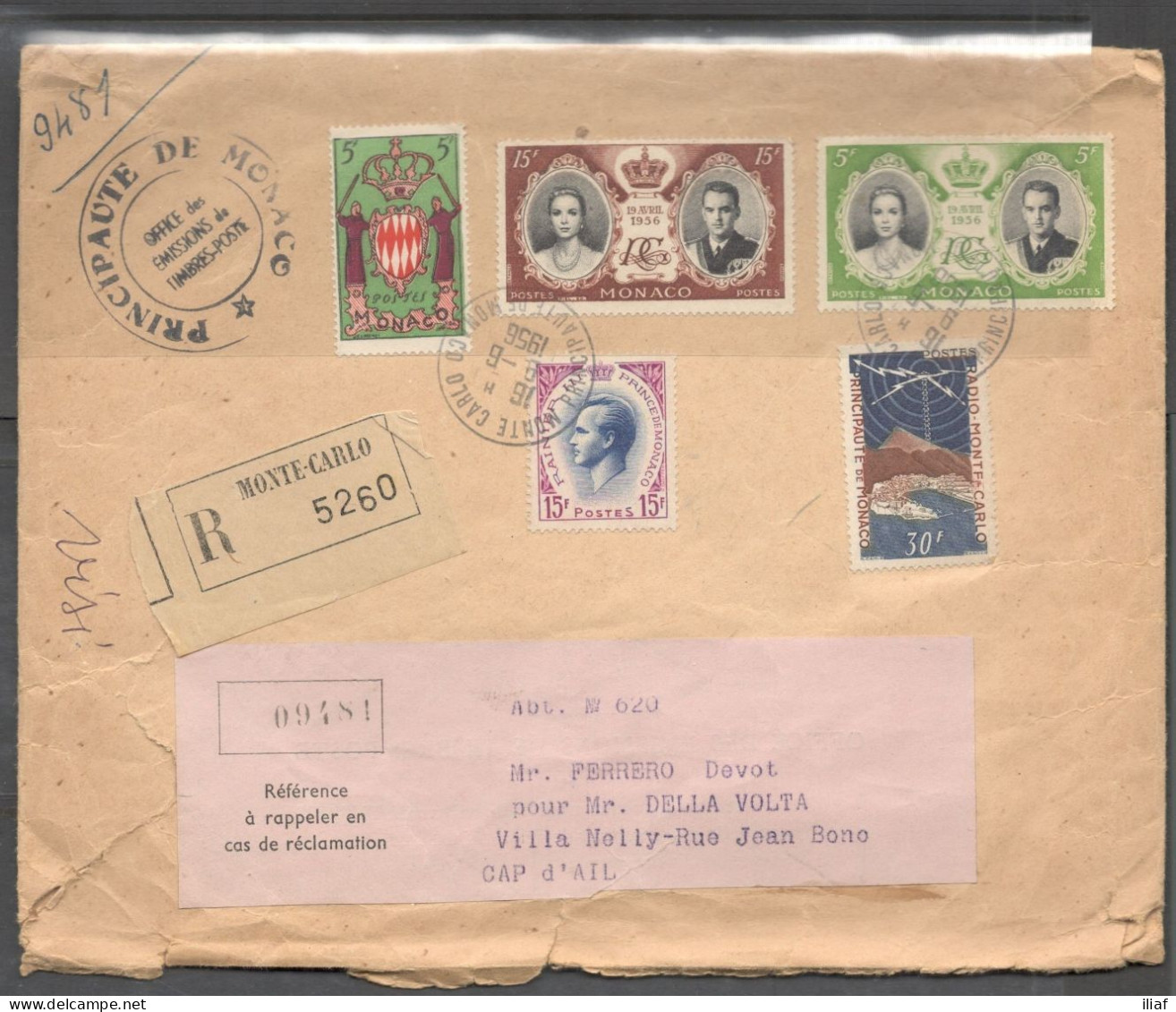 Monaco. Stamps Sc. 280, 318, 337, 369-370 On Registered Letter, Sent From Monte-Carlo, Monaco On 9.06.1956 To Cap-d'Ail - Covers & Documents