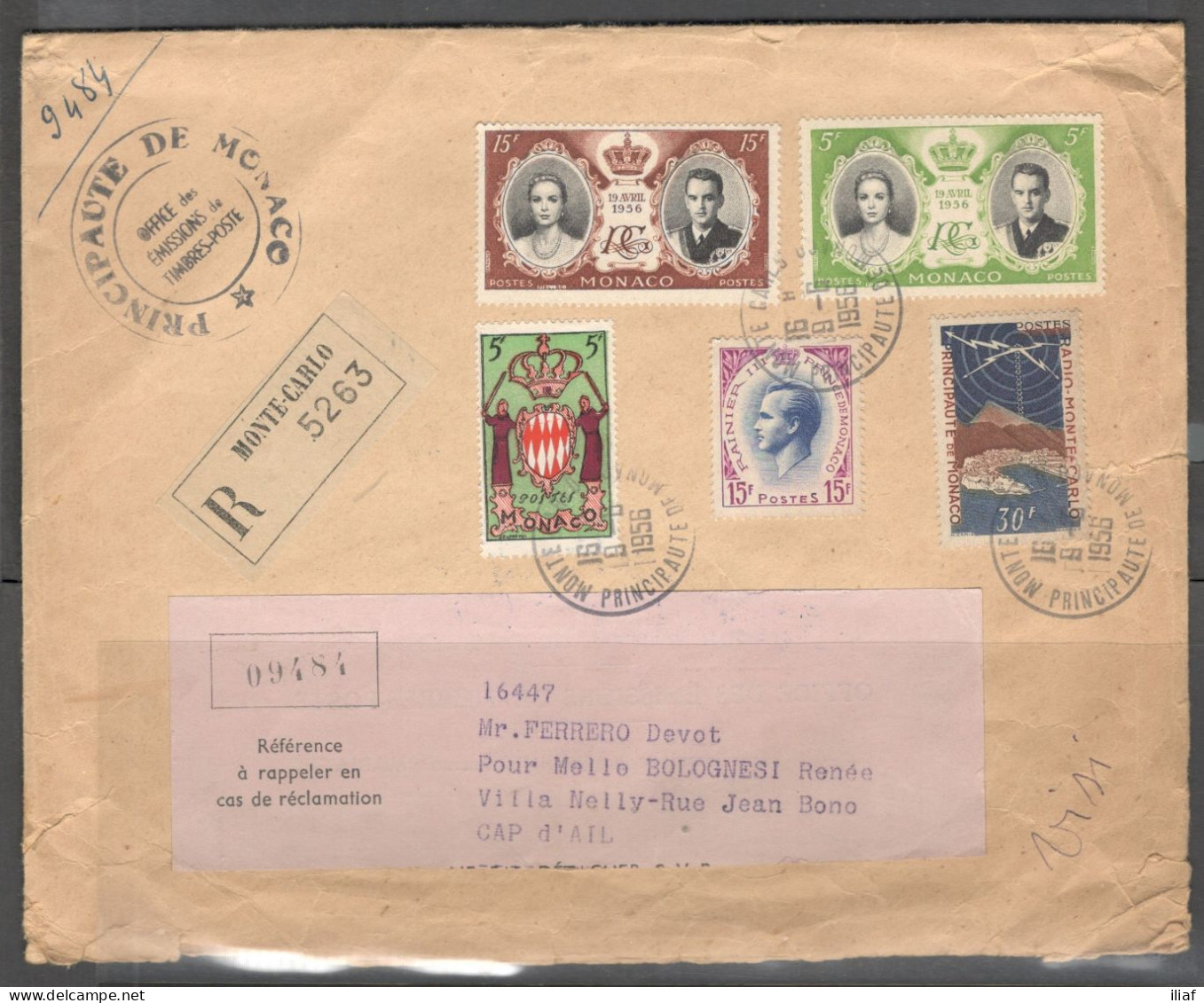Monaco. Stamps Sc. 280, 318, 337, 369-370 On Registered Letter, Sent From Monte-Carlo, Monaco On 9.06.1956 To Cap-d'Ail - Lettres & Documents
