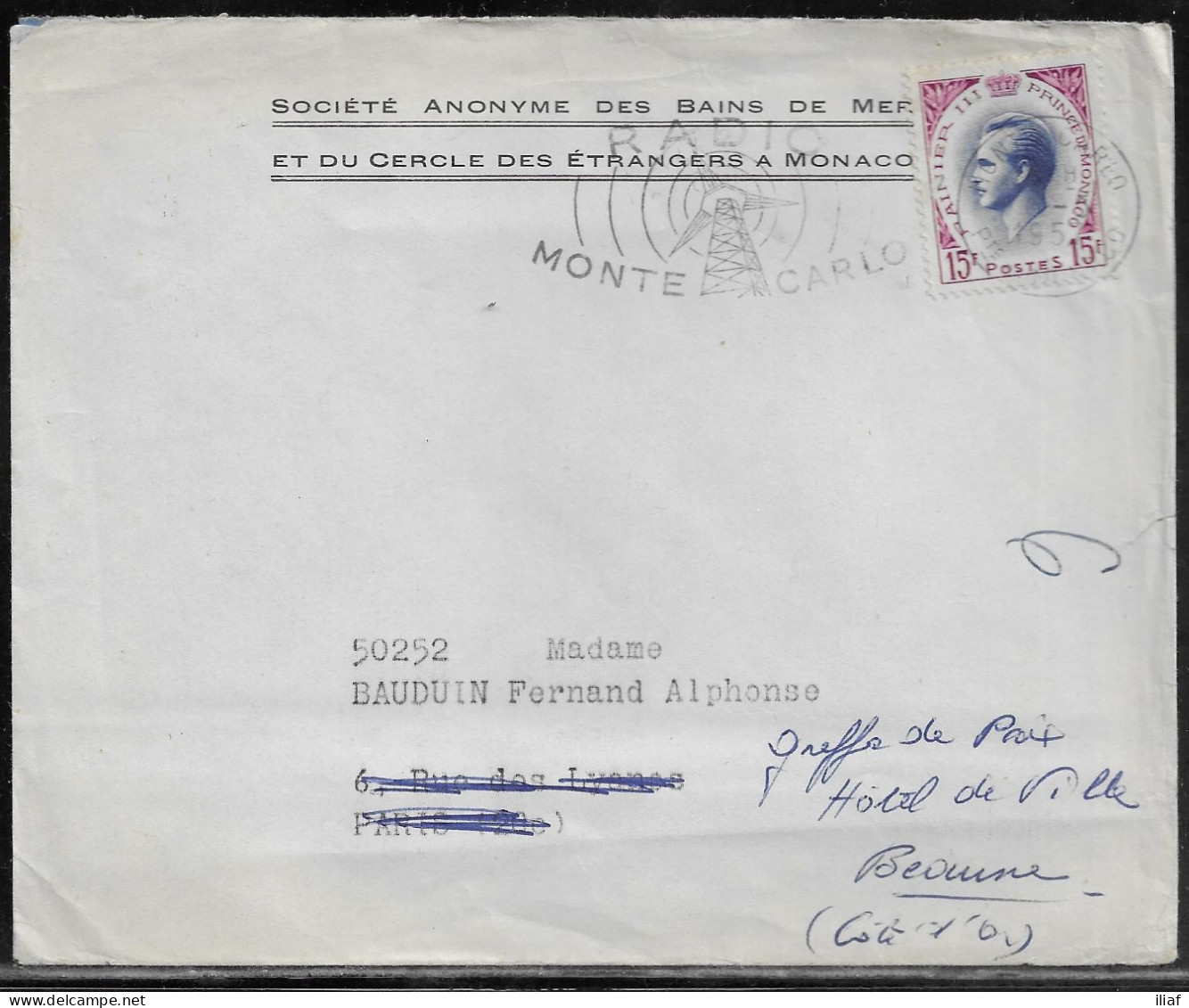 Monaco. Stamps Sc. 337 On Letter, Sent From Monte-Carlo, Monaco On 6.05.1957 To Paris, France, RADIO MONTE CARLO Slogan - Brieven En Documenten