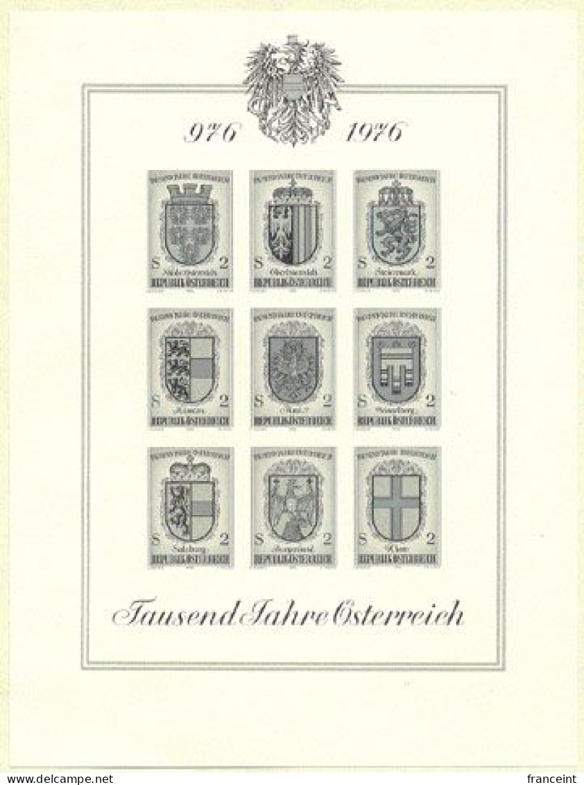AUSTRIA(1976) Coats Of Arms. Black Print Of Minisheet Of 9 Stamps Celebrating Millennium Of Austria. Scott Nos 1042a-i, - Probe- Und Nachdrucke
