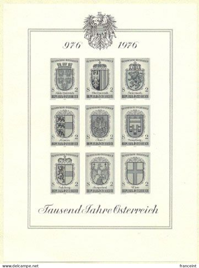 AUSTRIA(1976) Coats Of Arms. Black Print Of Minisheet Of 9 Stamps Celebrating Millennium Of Austria. Scott Nos 1042a-i, - Prove & Ristampe