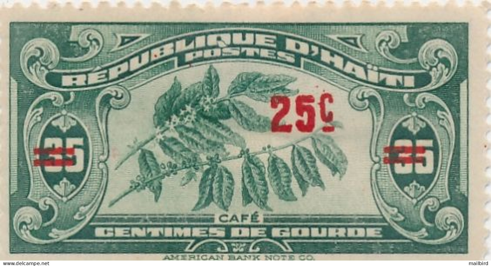 Haiti 1939 Michel 278 Scott 337 25c On 35c Deep Green  "Coffee Beans And Flowers": Surcharged In Red - ON HINGE - Haïti