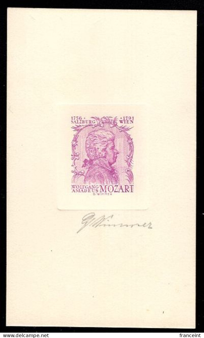 AUTRICHE(1956) Mozart. Essai En Violet, Signée Par Le Graveur WIMMER. Cette Conception N'a Pas été évidemment Reçue Par - Ensayos & Reimpresiones