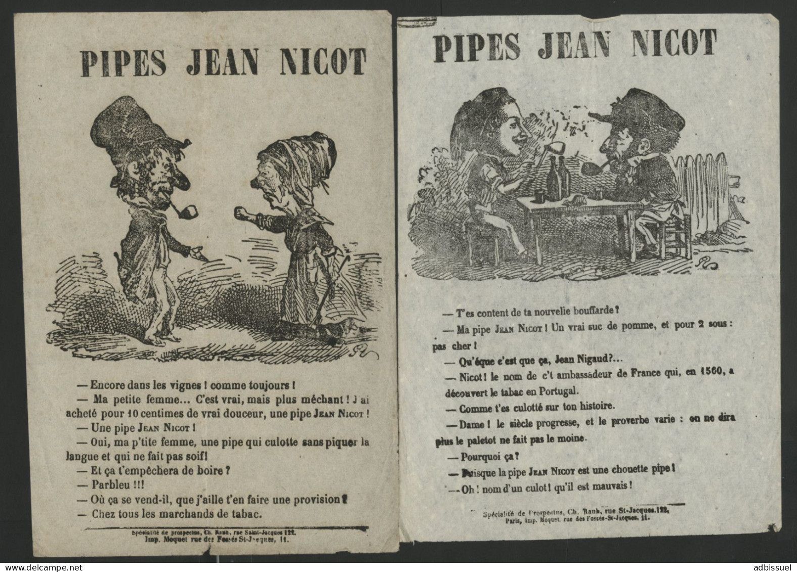 PIPES JEAN NICOT Deux Publicités Humoristiques Vers 1870 Et Illustrées Voir Suite - Werbung