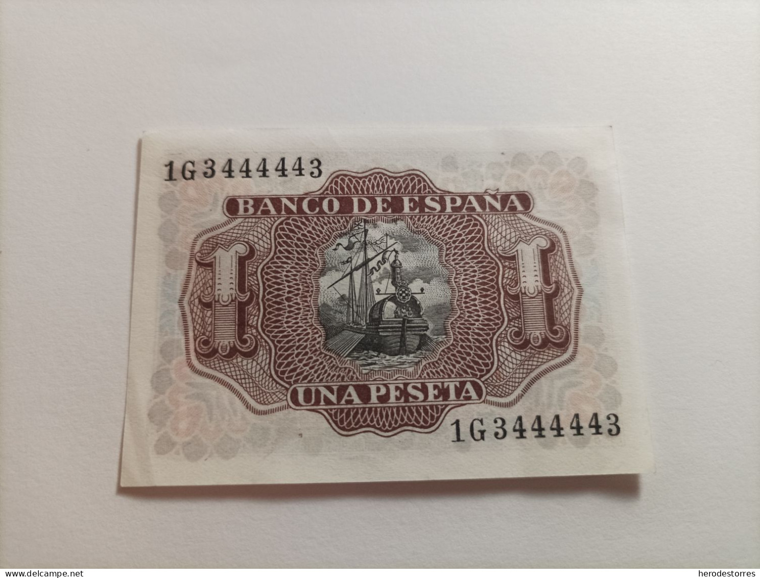 1 Peseta 1953 Serie 1G3444443, Número Capicúa, última Emitida, AUNC - 1-2 Pesetas