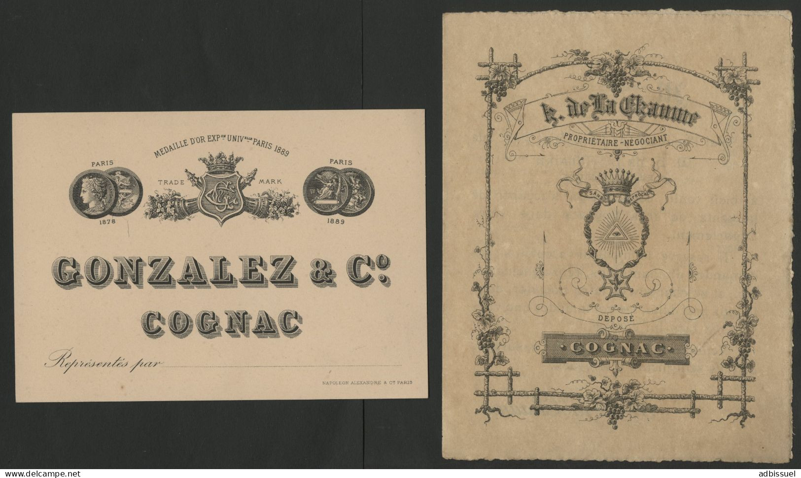 2 Publicités Vers 1890 COGNAC H. DE LA CHAUNE Livret Publicitaire + Carte Du COGNAC GONZALEZ Voir Suite - Werbung