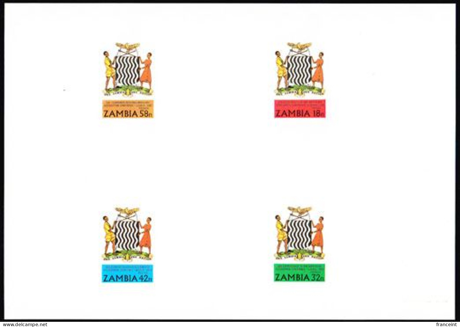 ZAMBIA(1980) Men Holding Coat Of Arms. Proof Sheet Showing 4 Stamps Issued In Series. Scott Nos 224-7, Yvert Nos 221-4. - Zambie (1965-...)