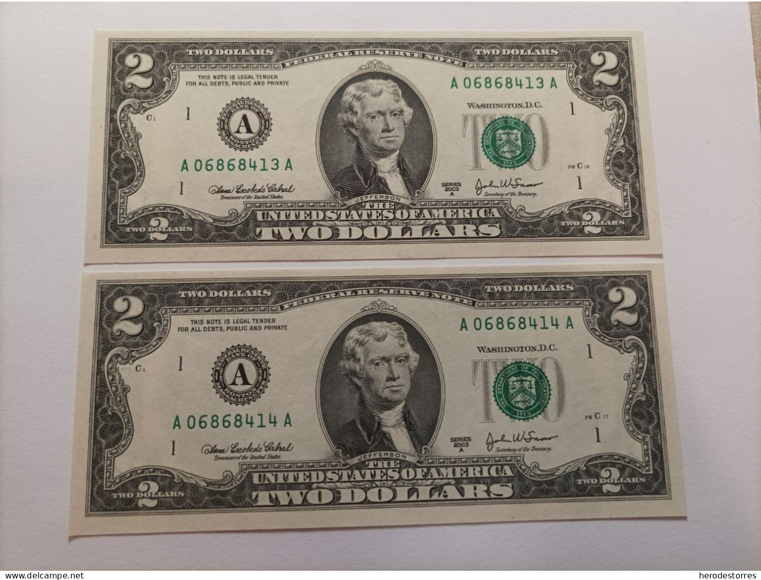 Pareja Correlativa De Estados Unidos De 2 Dólares, Año 2003, Serie AA, UNC - A Identifier