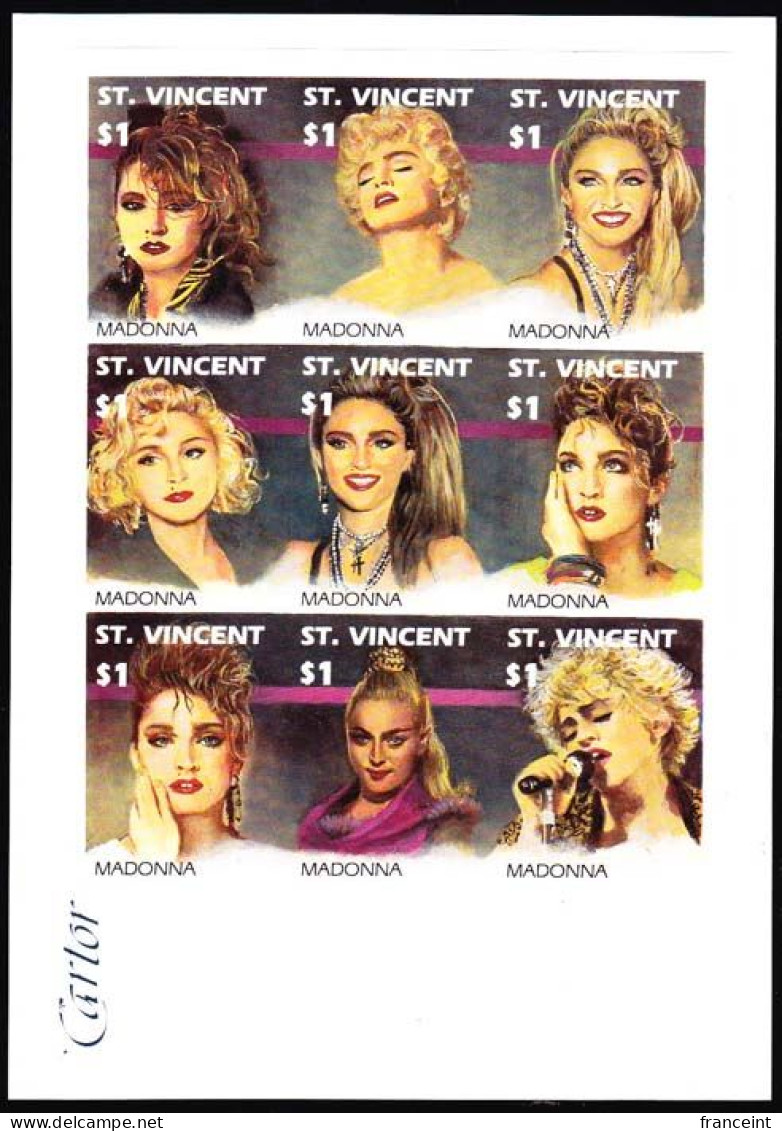 ST. VINCENT(1991) Madonna. Imperforate Proof Sheet Of 9 Mounted On Cartor S.A. Proof Card. Scott No 1501. - St.Vincent (1979-...)