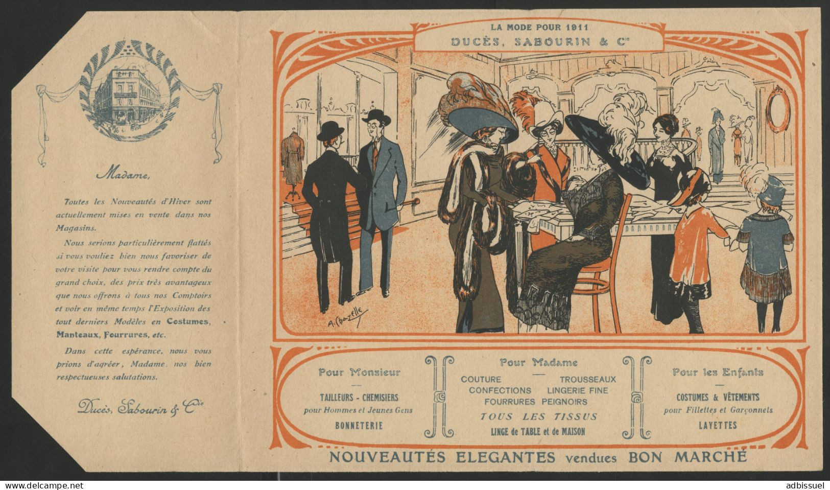 Publicités De Mode En 1911 Sous Forme D'enveloppe Pliable Illustrée Par A Chazelle, Ducès Sabourin à Bordeaux Voir Suite - Reclame