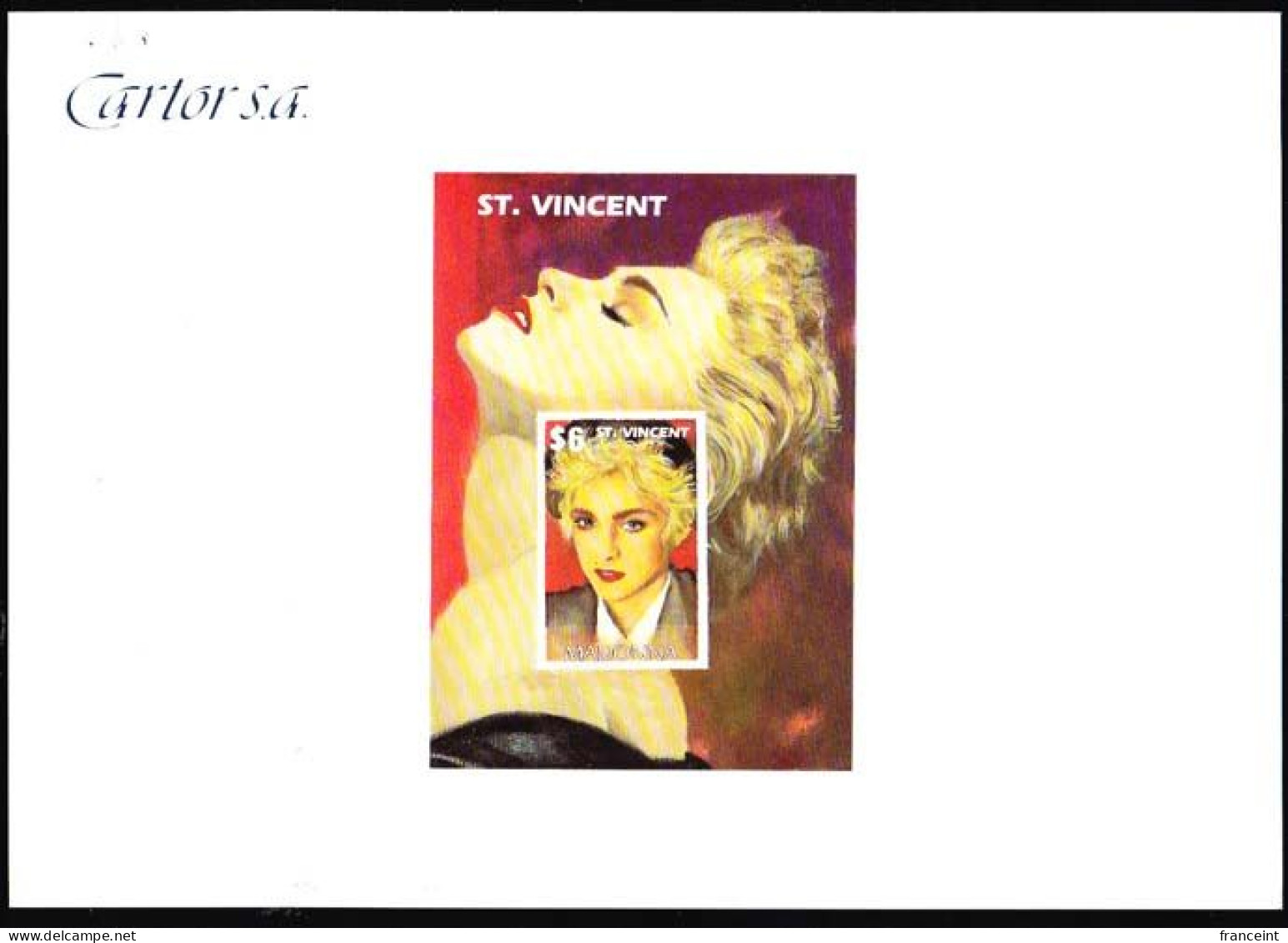 ST. VINCENT(1991) Madonna. Imperforate Proof Sheet Of S/S Mounted On Cartor S.A. Proof Card. Scott No 1504. - St.Vincent (1979-...)