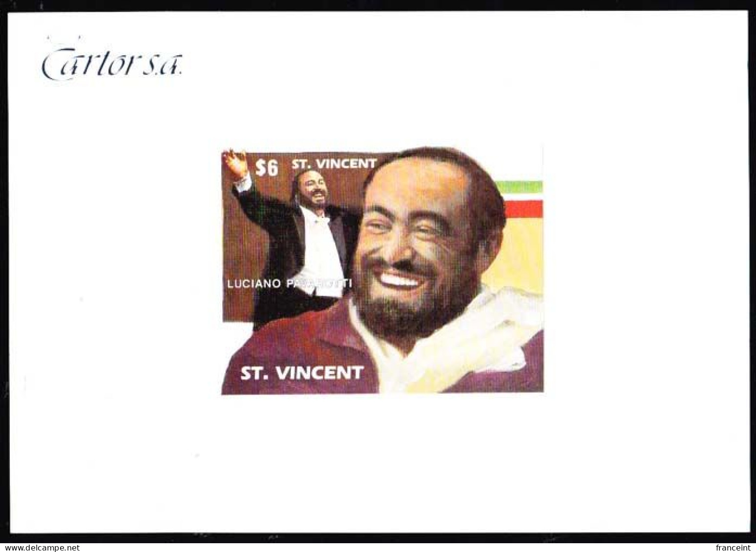 ST. VINCENT(1991) Pavarotti. Imperforate Proof Sheet Of S/S Mounted On Cartor S.A. Proof Card. Scott No 1505. - St.Vincent (1979-...)