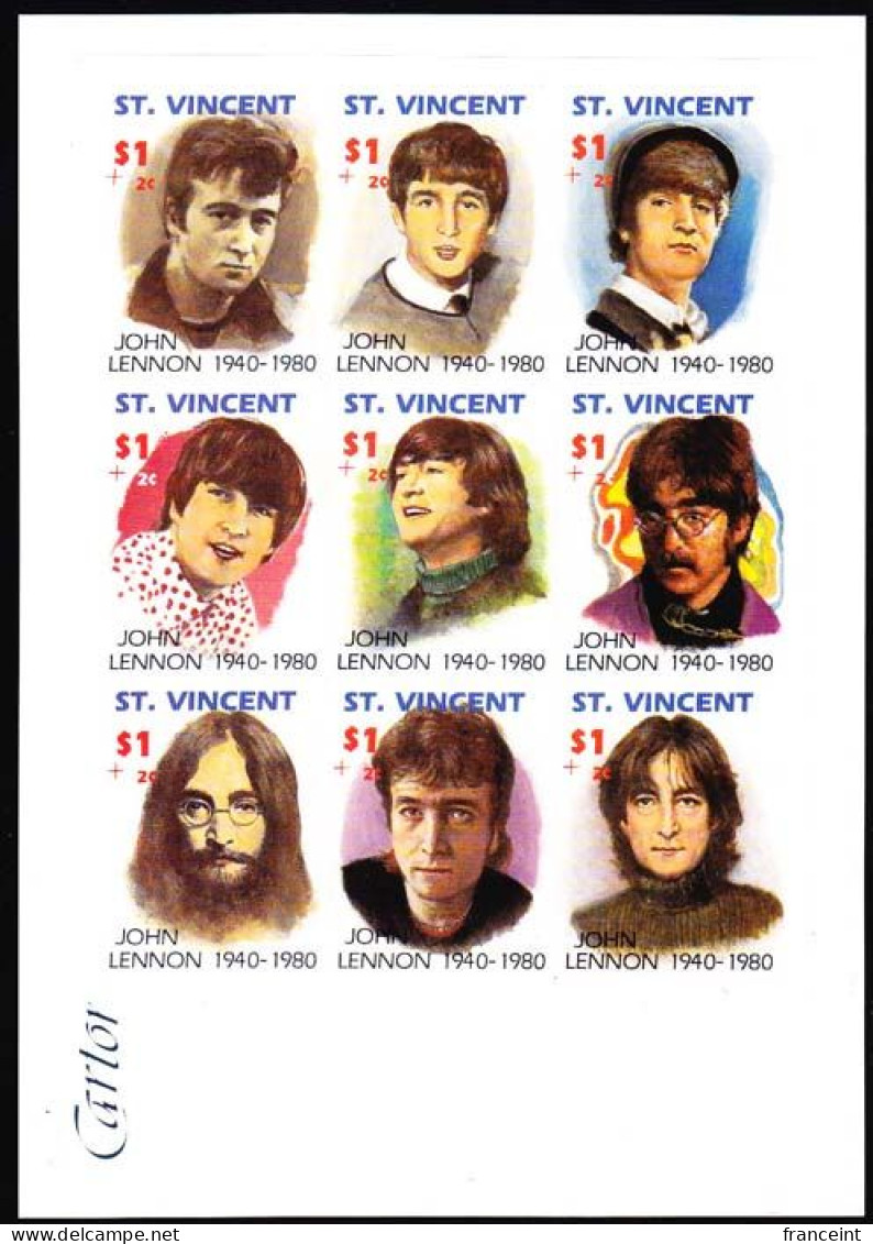 ST. VINCENT(1991) John Lennon. Imperforate Proof Sheet Of 9 Mounted On Cartor S.A. Proof Card. Scott No 1503. - St.Vincent (1979-...)