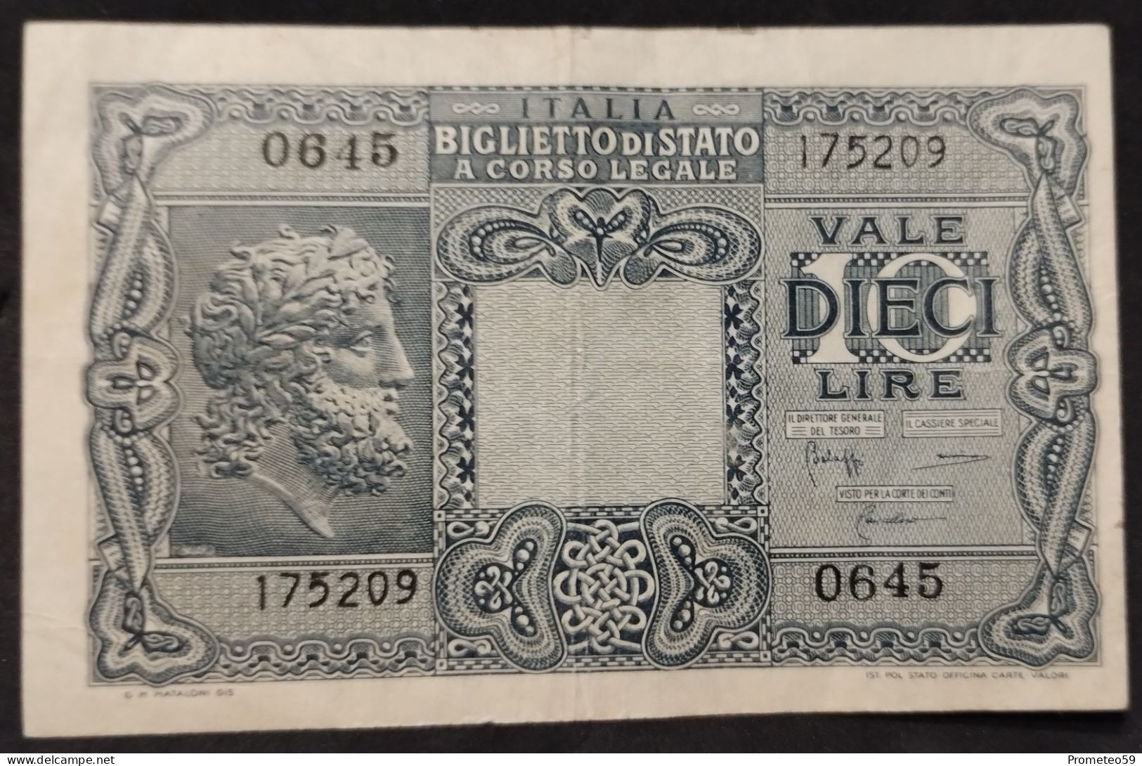 Italia – Billete Banknote De 10 Liras – 1944 – Muy Bueno – Firmas: Bolaffi – Cavallaro – Giovinco - Italia – 10 Lire