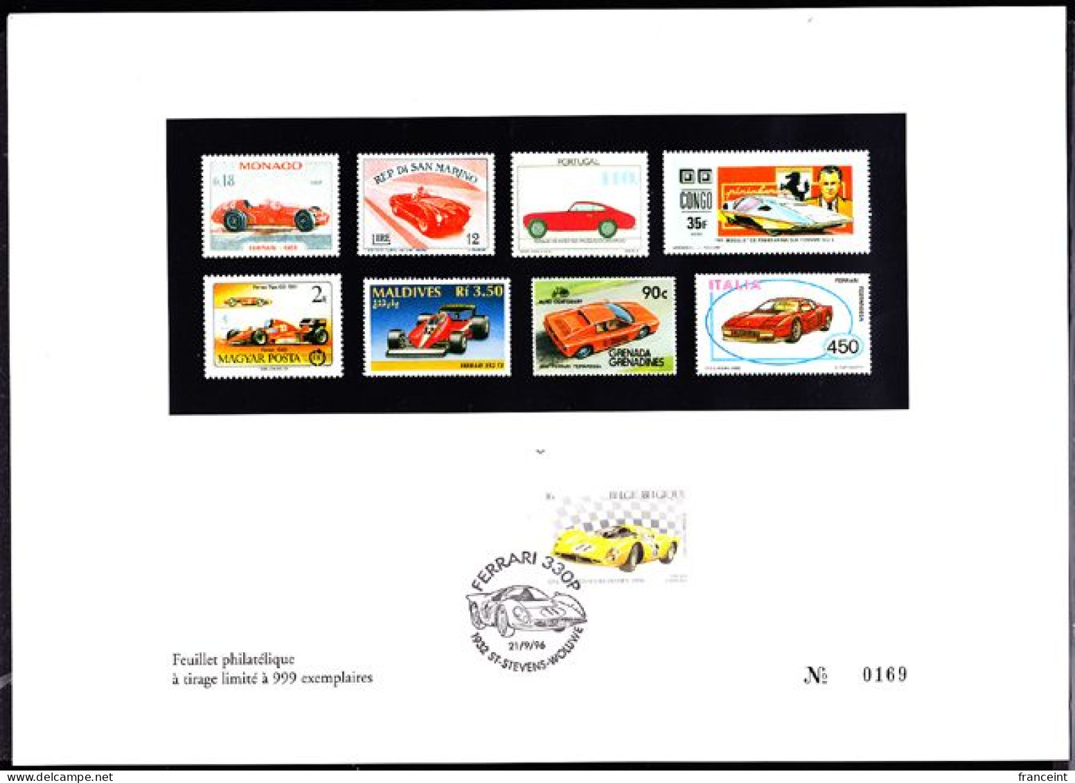 BELGIUM(1996) Ferrari. Philatelic Page Printed To Commemoriate The Ferarri. Consists Of Belgium Scott No 1621 Tied By Fe - Schwarz-weiß Kleinbögen [ZN & GC]