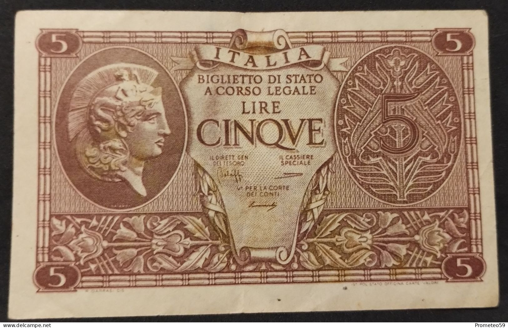Italia – Billete Banknote De 5 Liras – 1944 – Firmas: Bolaffi – Simoneschi – Giovinco - Italia – 5 Lire
