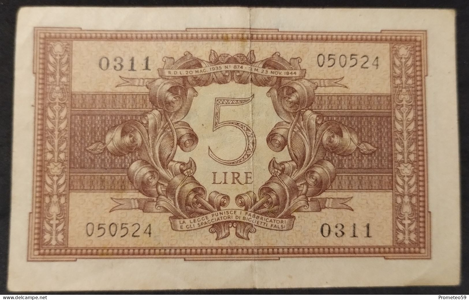 Italia – Billete Banknote De 5 Liras – 1944 – Firmas: Bolaffi – Simoneschi – Giovinco - Italië– 5 Lire