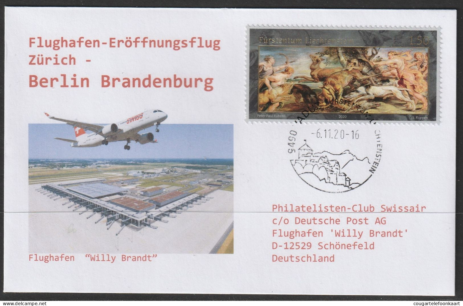 2020, Swissair, Erstflug, Vaduz - Berlin Brandenburg - Posta Aerea