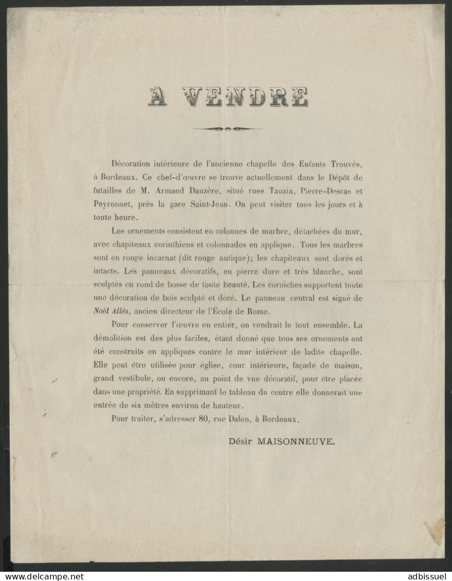 Bordeaux Vente Du Décors De La Chapelle Des Enfants Trouvés Après Sa Destruction En 1874 Voir Suite - Documentos Históricos