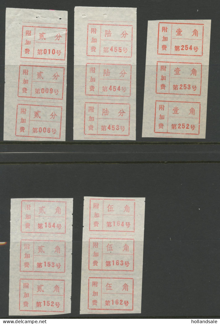 CHINA PRC / ADDED CHARGE - Dandong City, Liaoning Prov. D&O 17-0069/0073 Vert Strips Of 3 - Impuestos