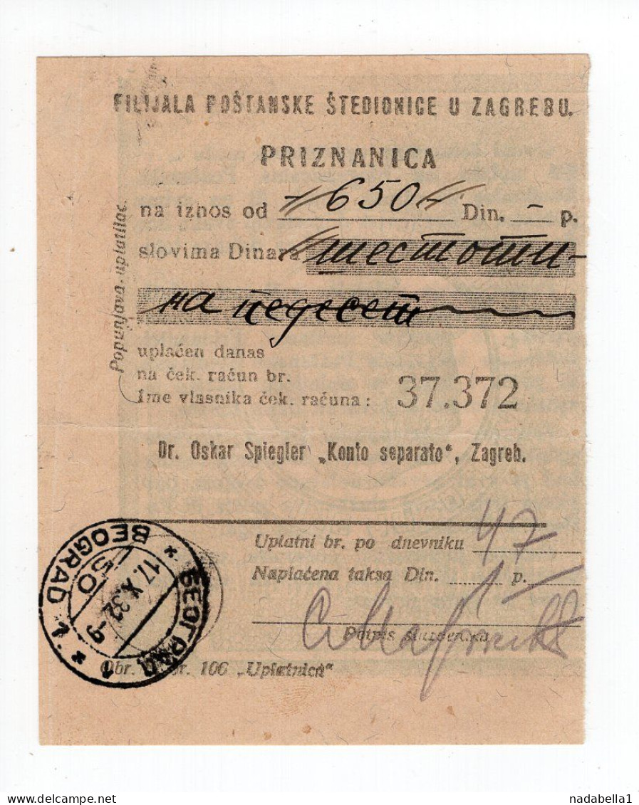 1937. KINGDOM OF YUGOSLAVIA,ZAGREB,POST OFFICE SAVINGS BANK,DR OSKAR SPIEGLER 'KONTO SEPARATO',PAYMENT RECEIPT - Sonstige & Ohne Zuordnung