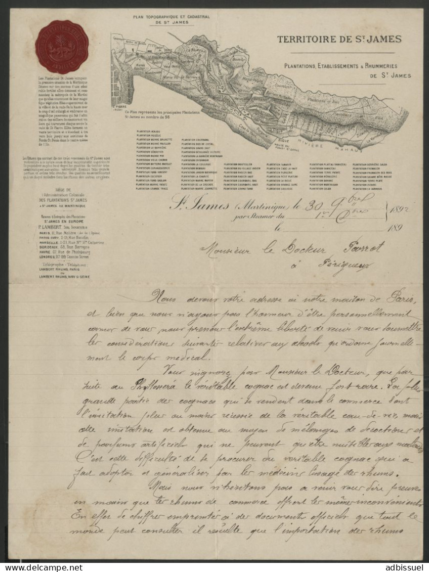 RHUM St JAMES En 1892 + En-tête, Texte Intéressant Adressé à Un Médecin Sur Les Vertues Médicinales Du Rhum Voir Suite - Pubblicitari