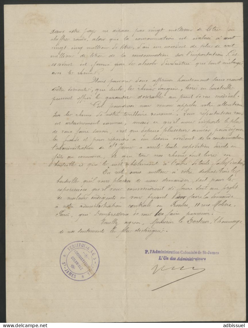 RHUM St JAMES En 1892 + En-tête, Texte Intéressant Adressé à Un Médecin Sur Les Vertues Médicinales Du Rhum Voir Suite - Pubblicitari