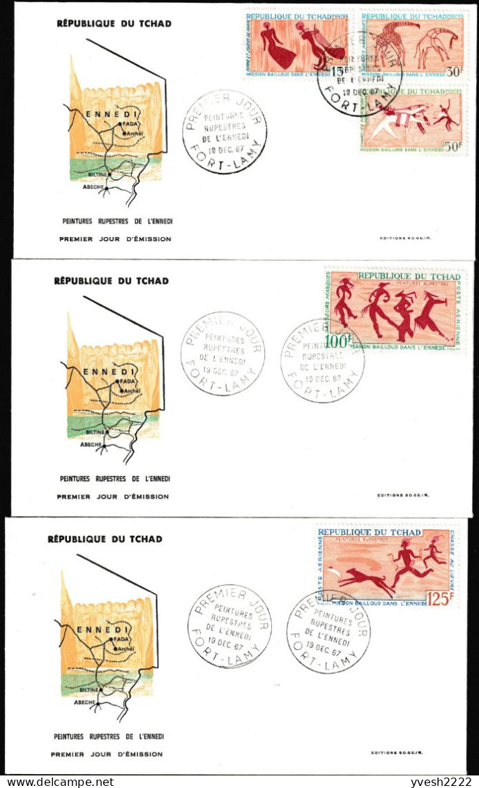 Tchad 1967 Y&T 146 à 148, PA 42 Et 43 Sur FDC. Mission Bailloud Dans L'Ennedi. Peintures Rupestres - Prehistory