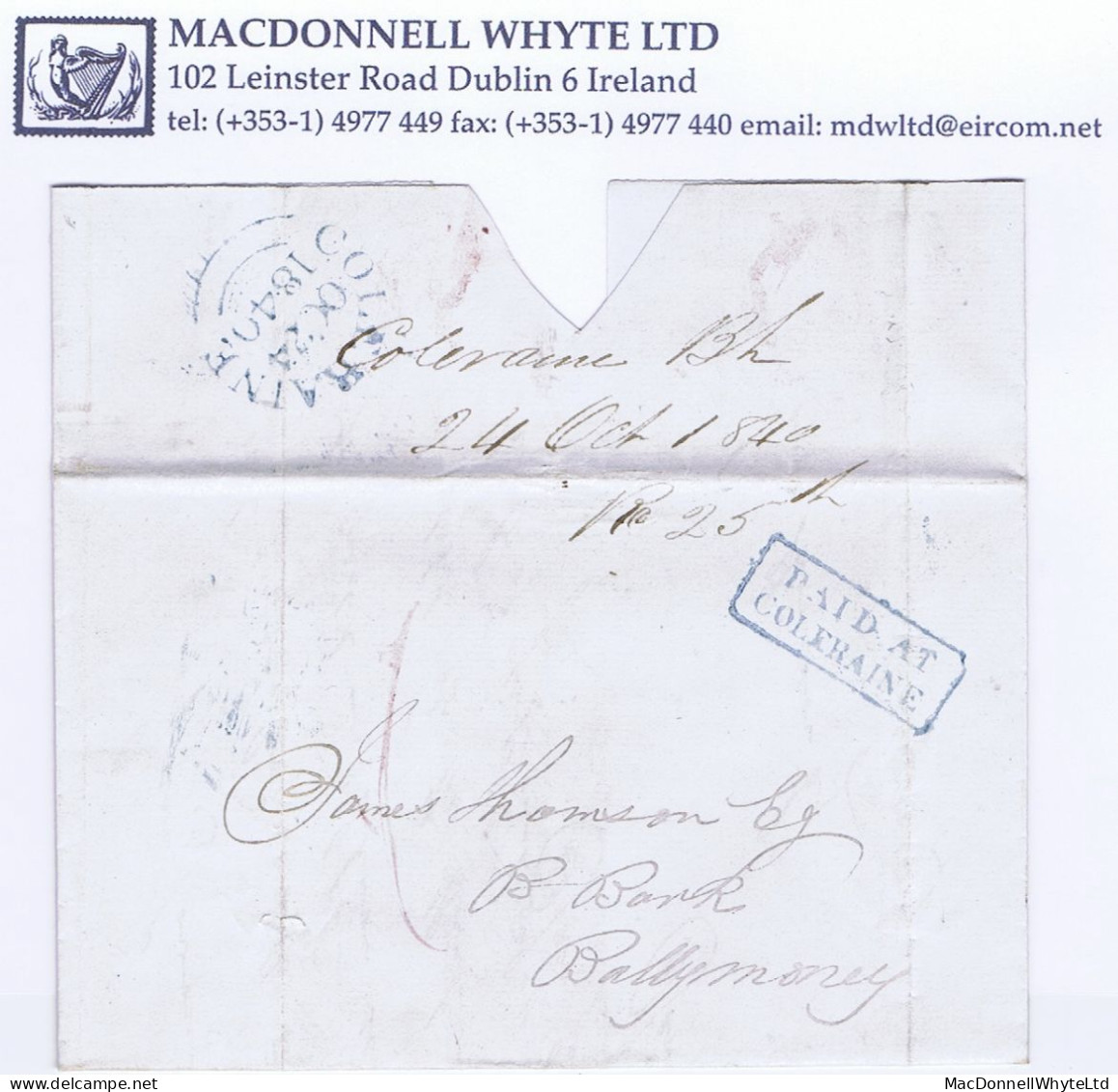 Ireland Uniform Penny Post Derry 1840 Letter To Ballymoney Prepaid "1" With Boxed PAID AT/COLERAINE In Blue - Vorphilatelie