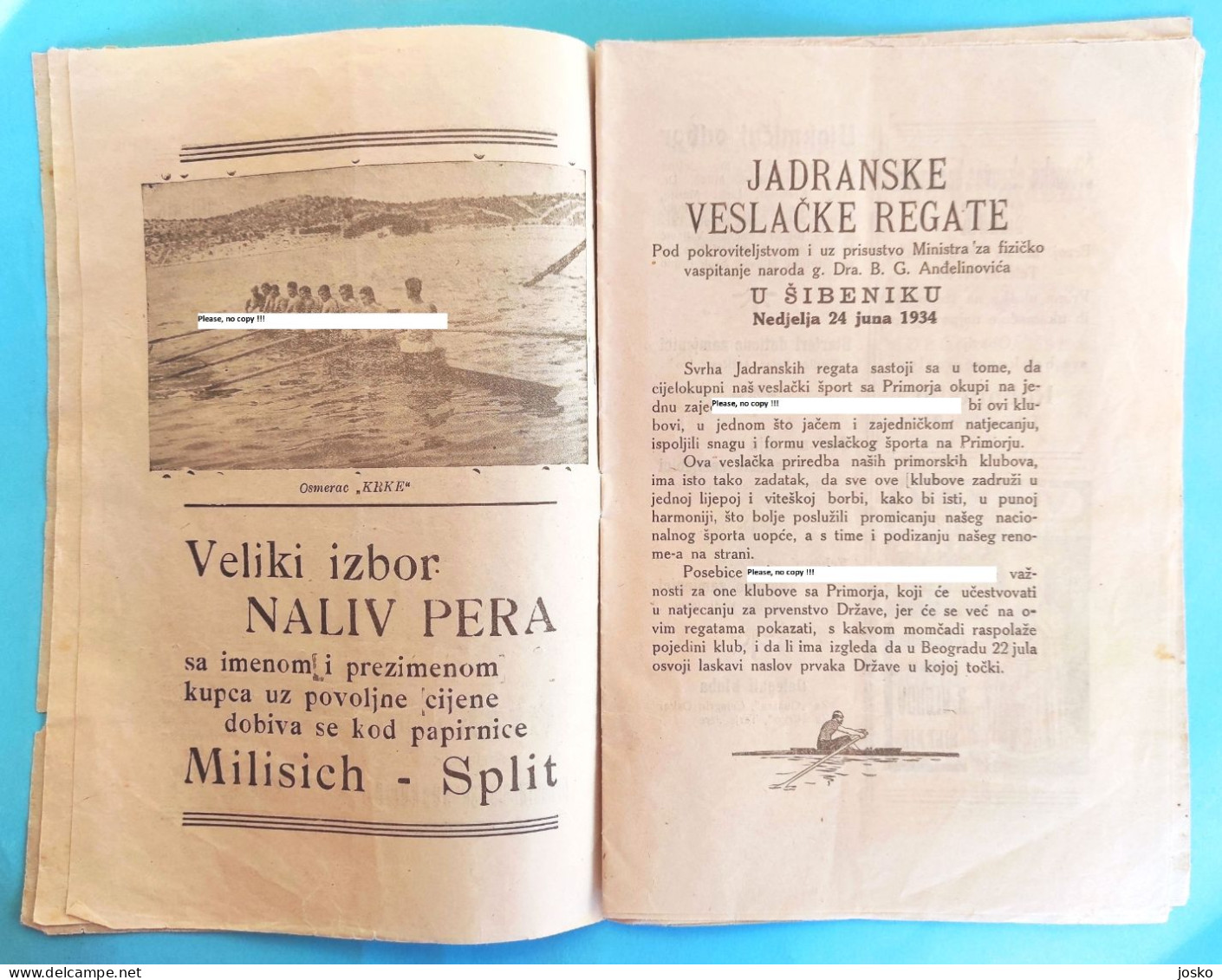 JADRANSKE VESLAČKE REGATE ŠIBENIK 1934 - Croatia Rowing Programme * Aviron Rudersport Rudern Ruder Canottaggio Programm - Rowing