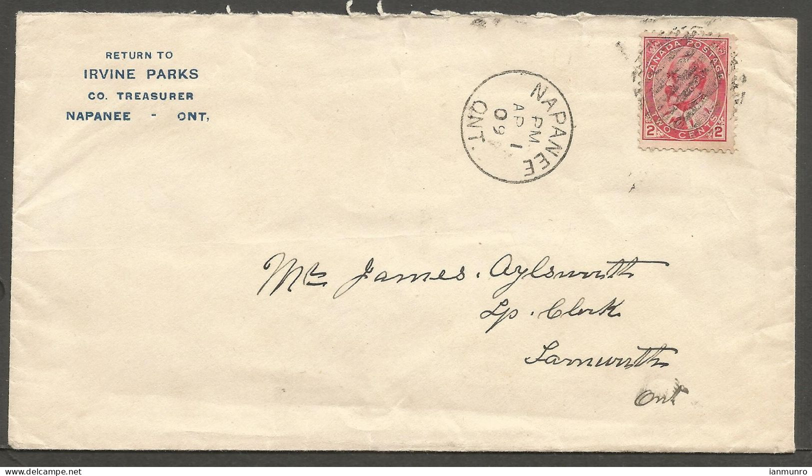 1909 Lennox & Addington County Cover 2c Edward CDS Napanee Ont To Tamworth Ontario - Histoire Postale