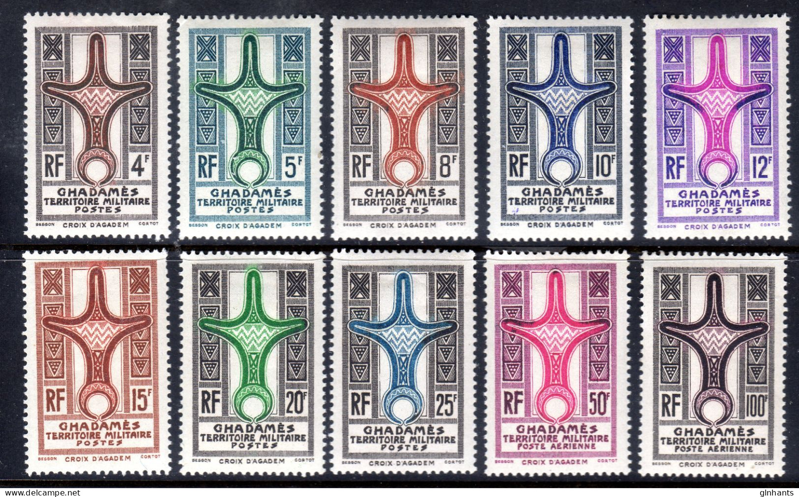 GHADAMES - 1949 CROSS OF AGADEM SET (10V) MOUNTED MINT MM * SG 1-10 HINGE REMNANT (2 SCANS) - Fezzan & Ghadames