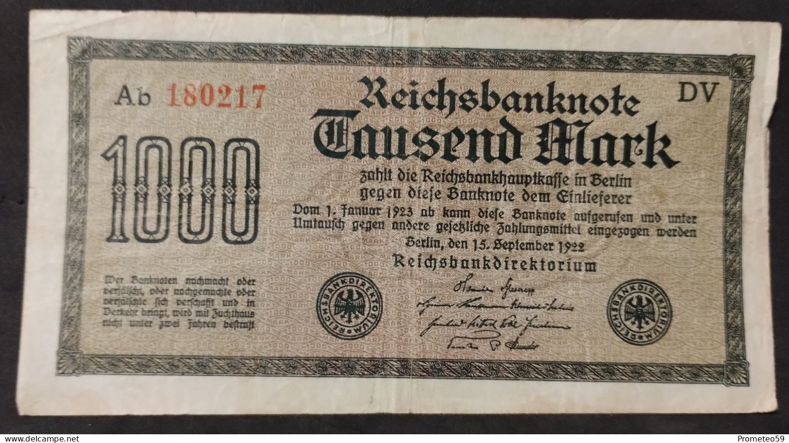 Alemania (Germany) – Billete Banknote De 1.000 Mark – 15.9.1922 - 1.000 Mark