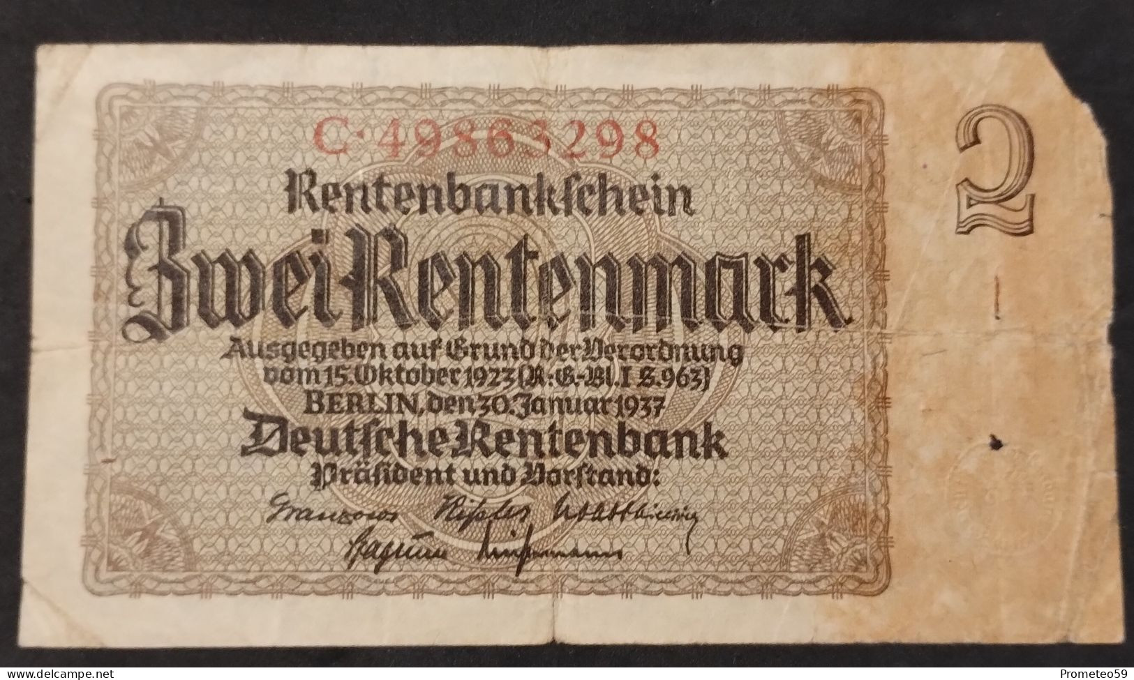 Alemania (Germany) – Billete Banknote De 2 Rentenmark – 30.1.1937 – Serie De 8 Dígitos - 5 Reichsmark