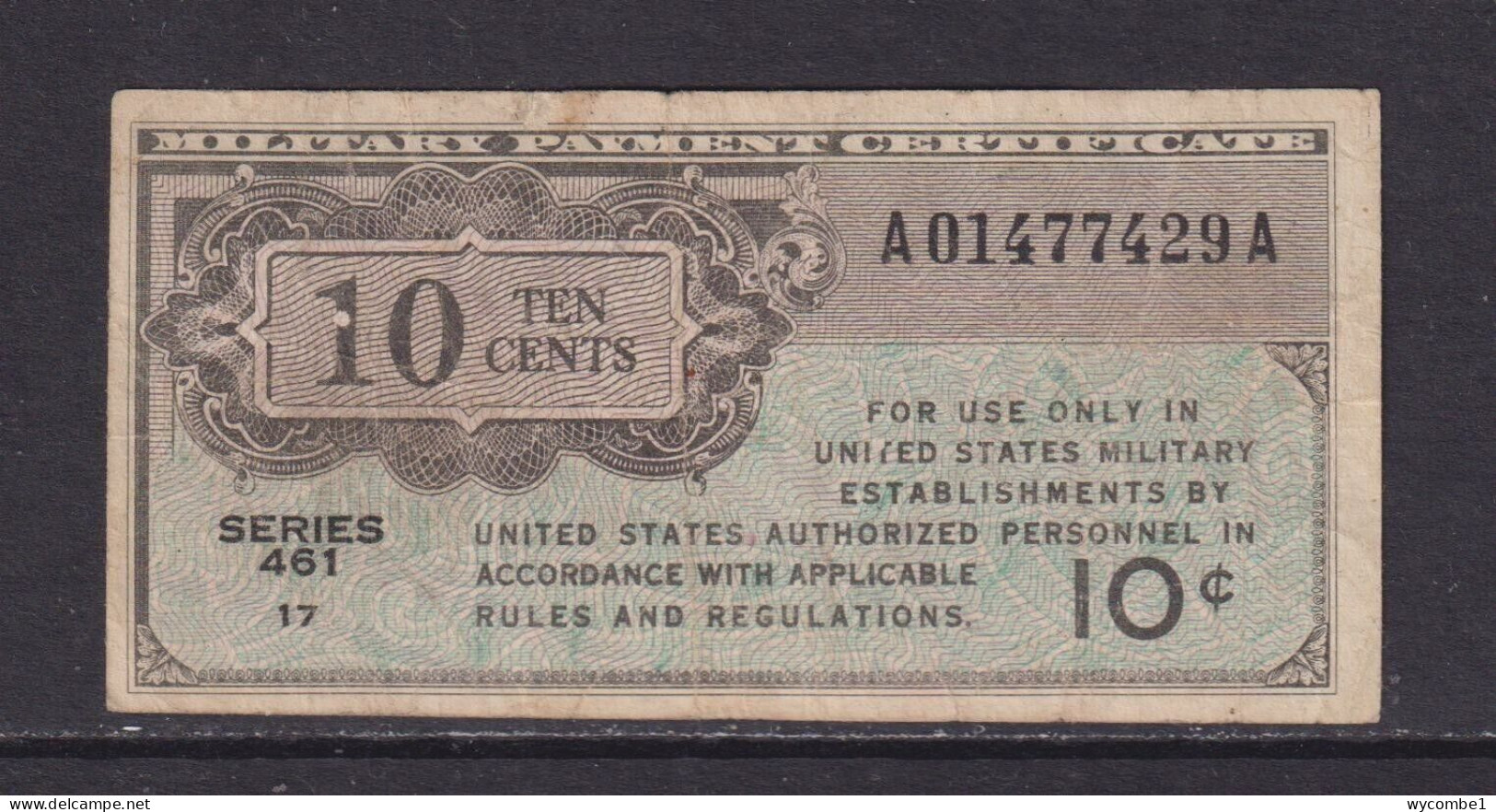 UNITED STATES - 1946 Military Payment Certificate 10 Cents Circulated Banknote - 1946 - Series 461