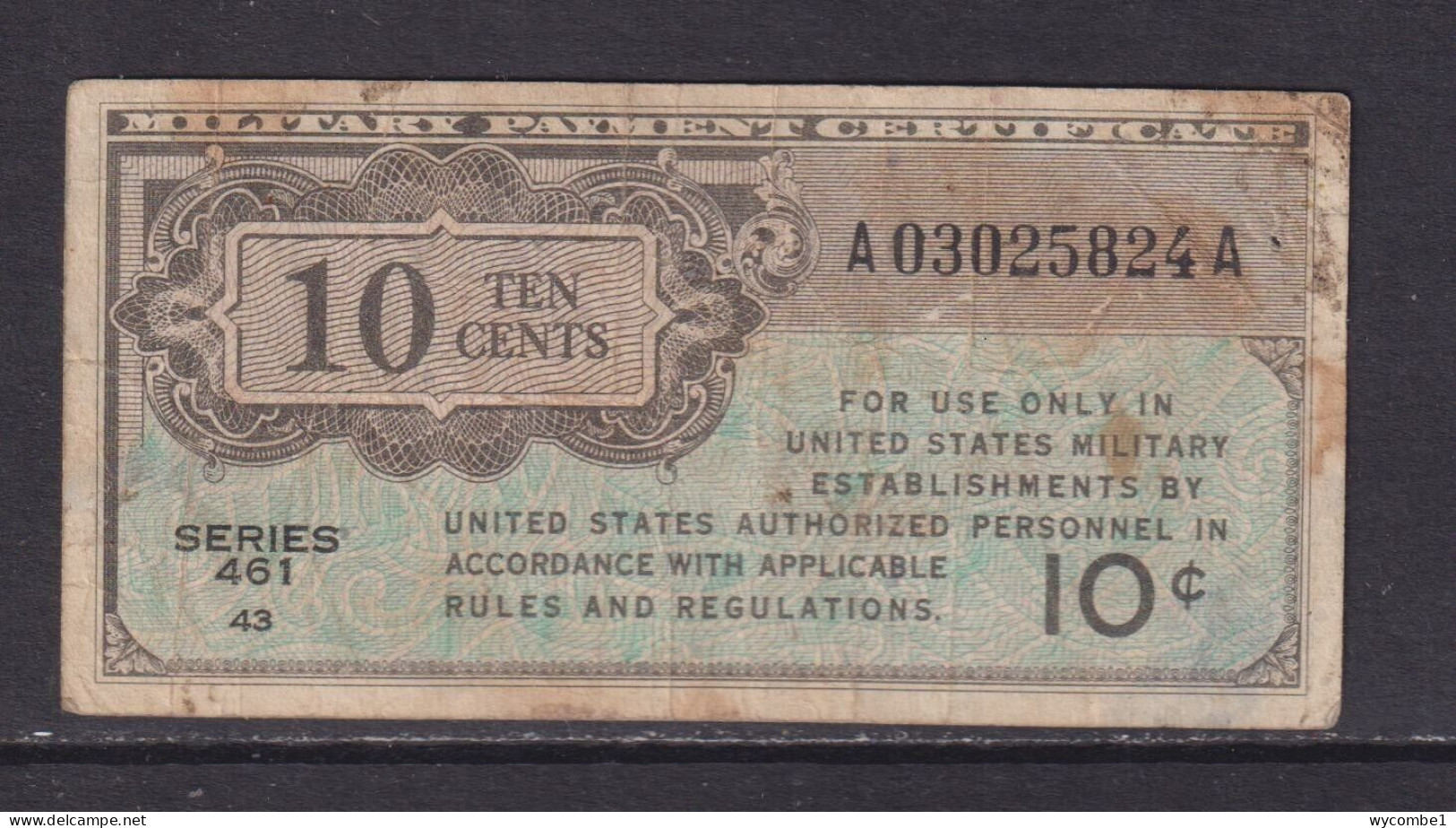 UNITED STATES - 1946-7 Military Payment Certificate 10 Cent Circulated Banknote - 1946 - Series 461